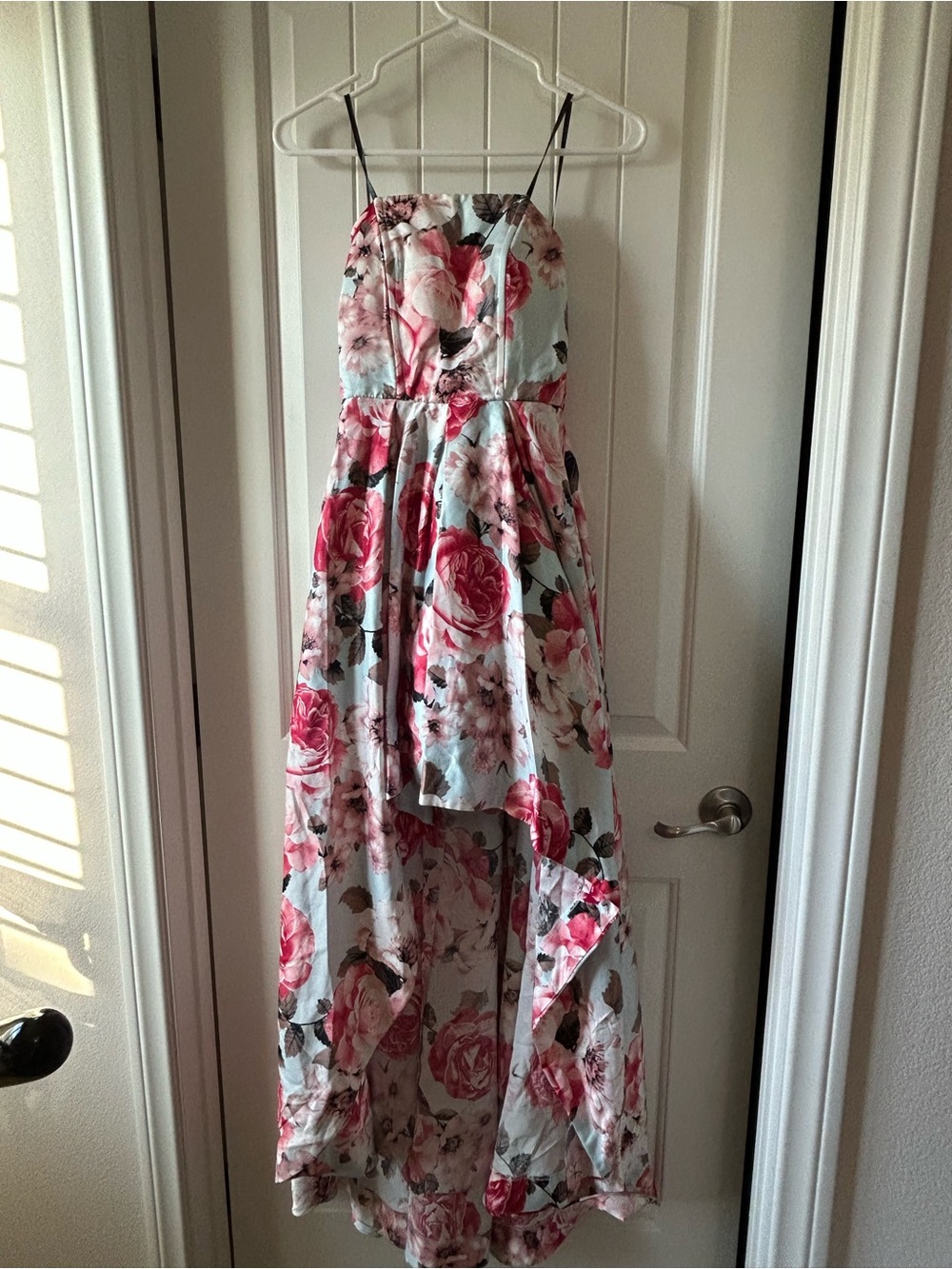 Girls' White Floral High-Low Dress with Pink Roses